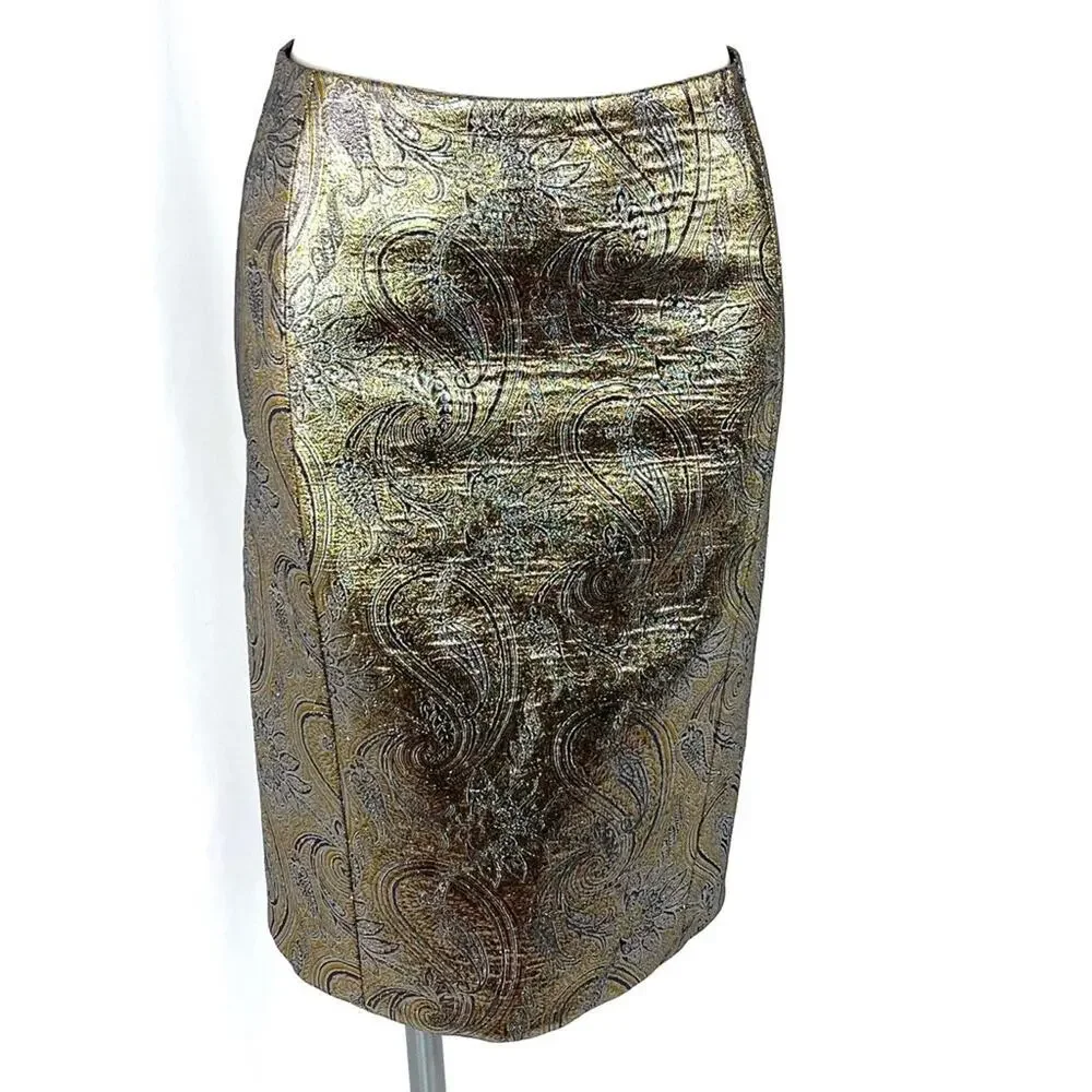Jenni Kayne Metallic Brocade Knee Length Pencil Skirt XS Designer Silk Blend